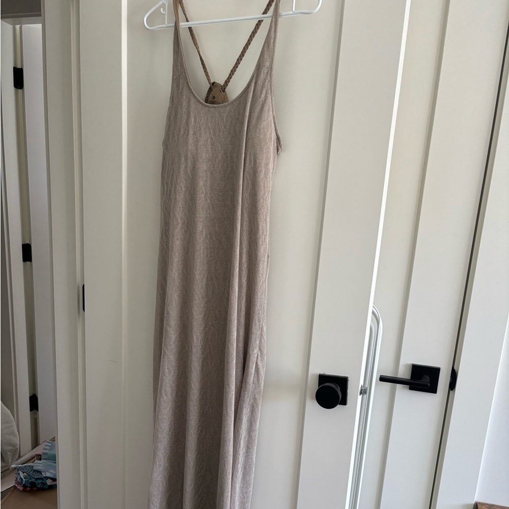 Athleta Tan Lined Mesh Braided Cord Tie Maxi Dress